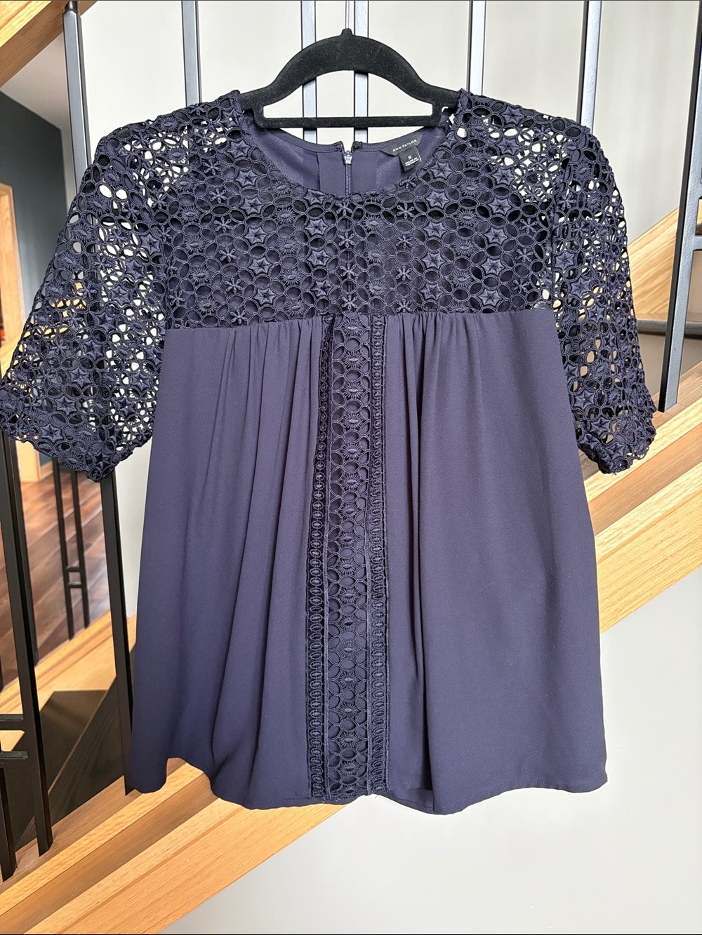Ann Taylor Navy Crochet Yoke Short Sleeve Blouse, S